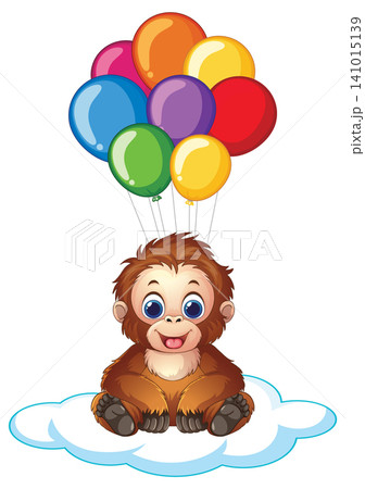 Cute Baby Orangutan Sitting on Cloud with Colorful Balloons Illustration 141015139