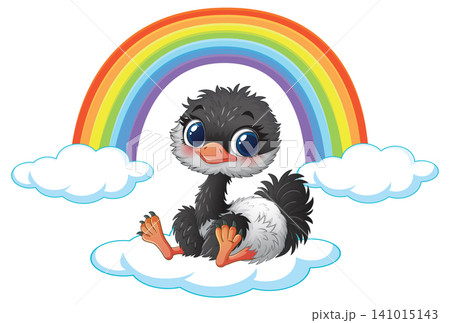 Cute Cartoon Baby Ostrich Sitting on a Cloud Under a Rainbow Cute Cartoon Baby Ostrich Sitting on a Cloud Under a Rainbow 141015143