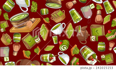 Seamless Vector Pattern with Matcha Green Tea Desserts and Traditional Tools Seamless Vector Pattern with Matcha Green Tea Desserts and Traditional Tools 141015153