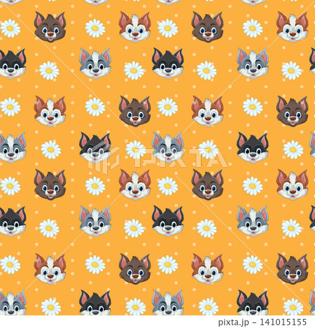 Seamless Vector Pattern with Cartoon Cat Faces and White Daisy Flowers 141015155