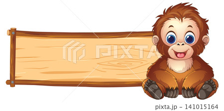 Cartoon Orangutan Sitting Next to a Blank Wooden Sign 141015164