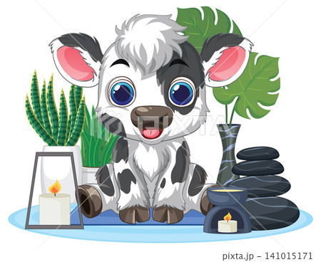Cute Cartoon Cow Sitting in a Spa with Zen Stones and Candles 141015171