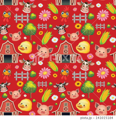 Seamless Cartoon Farm Pattern with Animals and Barns on Red Background Seamless Cartoon Farm Pattern with Animals and Barns on Red Background 141015184