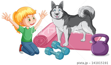 Young Girl and Siberian Husky with Fitness Equipment Vector Illustration 141015191