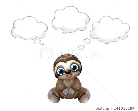 Cute Cartoon Sloth Character Thinking with Blank White Speech Bubbles Cute Cartoon Sloth Character Thinking with Blank White Speech Bubbles 141015194