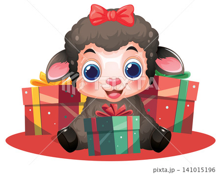 Cute Cartoon Black Lamb Sitting with Colorful Gift Boxes and Red Bow 141015196