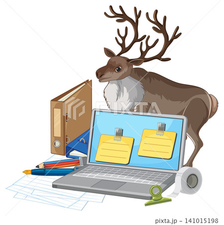 Vector Illustration of a Reindeer Standing Behind a Laptop and Office Supplies 141015198
