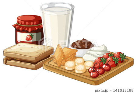Breakfast Set with Milk Glass Strawberry Jam and Fruit Platter 141015199