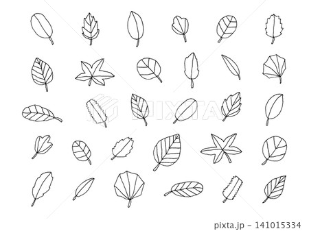 色々な形の葉っぱのシンプルな手描きの線画イラストセット(黒) 色々な形の葉っぱのシンプルな手描きの線画イラストセット(黒) 141015334