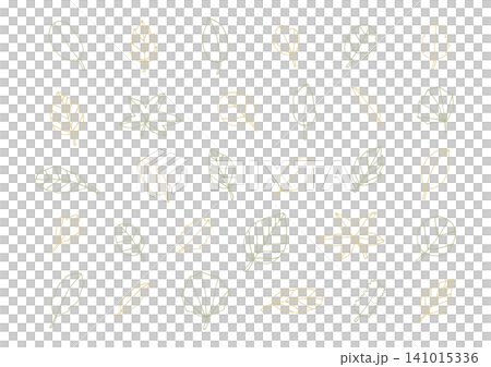 A set of simple, hand-drawn line art illustrations of leaves in various shapes (yellow and green). 141015336