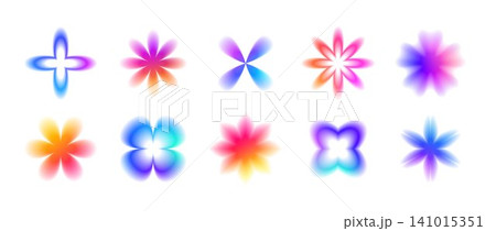 Blurry rainbow gradient flower pack. Smooth iridescent blurred blossom shapes collection. Abstract fading bloom elements for sticker, poster, badge, collage. Vector bright gradation floral aura set 141015351