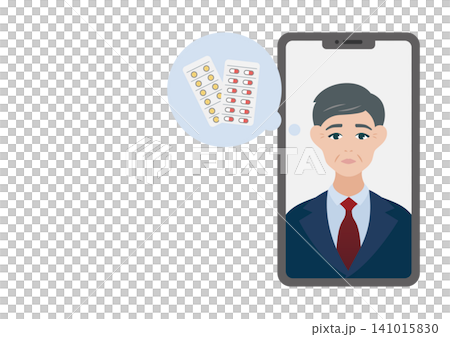 一位中年男子正在接受線上醫療諮詢的向量插圖(配有藥丸和對話氣泡)。 一位中年男子正在接受線上醫療諮詢的向量插圖(配有藥丸和對話氣泡)。 141015830