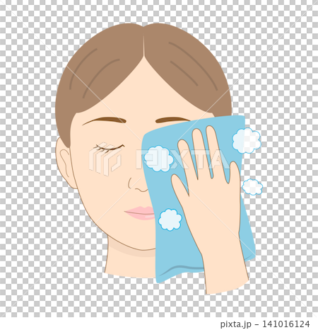 A woman warms her face with a warm towel: Facial muscle massage and self-care steps. A woman warms her face with a warm towel: Facial muscle massage and self-care steps. 141016124