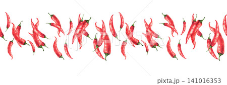 Chili peppers seamless border. Hand drawn realistic watercolor illustration. Red hot pods dynamic pattern isolated on white background. Spicy food pattern for packaging, sauce, menu, Asian recipes. 141016353