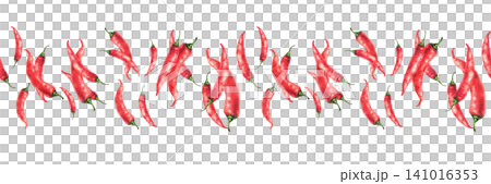Chili peppers seamless border. Hand drawn realistic watercolor illustration. Red hot pods dynamic pattern isolated on white background. Spicy food pattern for packaging, sauce, menu, Asian recipes. 141016353
