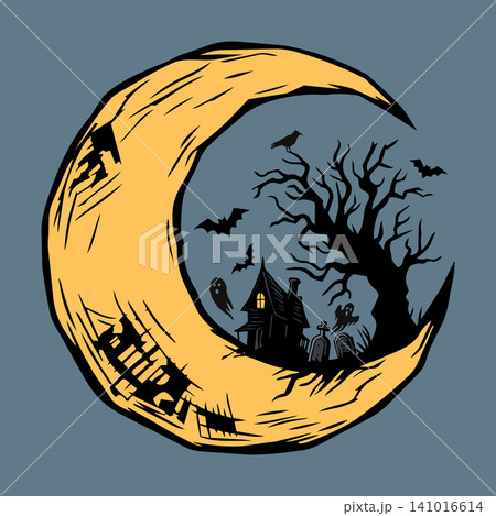 Silhouette dead tree, bats, crow, ghosts, haunted mansion and graveyard on creasant moon with night sky square background 141016614