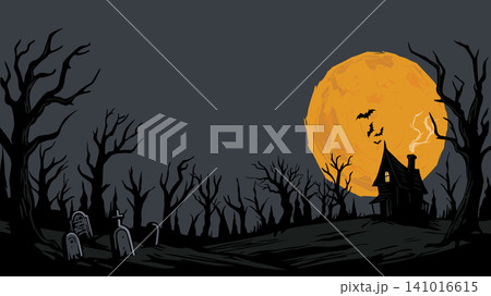 Silhouette cemetery landscape at night with dead tree, bats, haunted mansion and large full moon have blank space. Silhouette cemetery landscape at night with dead tree, bats, haunted mansion and large full moon have blank space. 141016615