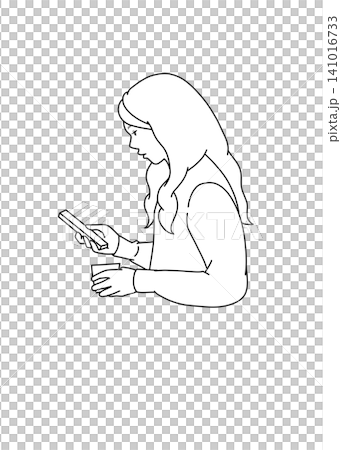 スマホを見る女性の線画イラスト スマホを見る女性の線画イラスト 141016733