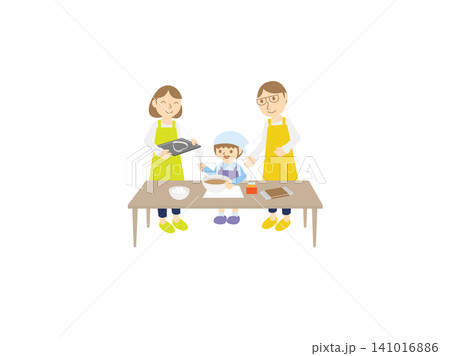 家族でチョコレート菓子作り｜バレンタインにお菓子を手作りする親子イラスト 141016886
