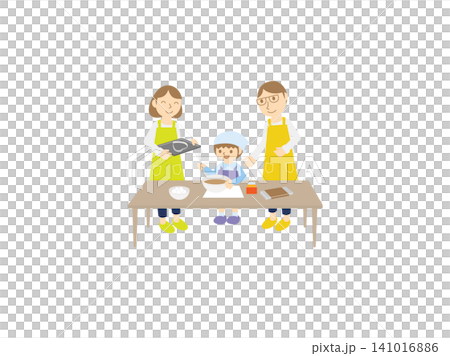 家族でチョコレート菓子作り｜バレンタインにお菓子を手作りする親子イラスト 141016886