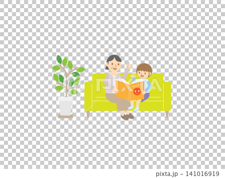 A grandmother and a little boy reading a picture book on the sofa | A heartwarming illustration of grandmother and grandson reading together A grandmother and a little boy reading a picture book on the sofa | A heartwarming illustration of grandmother and grandson reading together 141016919