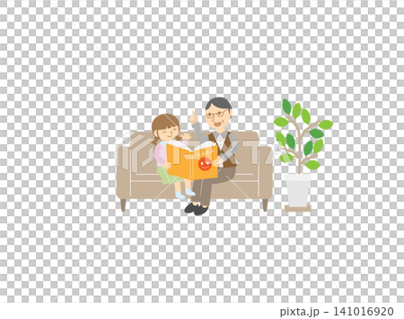 A grandfather and a little girl reading a picture book on the sofa | A heartwarming illustration of a grandfather and granddaughter reading together. A grandfather and a little girl reading a picture book on the sofa | A heartwarming illustration of a grandfather and granddaughter reading together. 141016920
