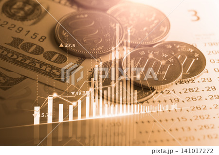 Business man on digital stock market financial indicator background. Digital business and stock market financial indicator on LED. Double exposure of business man and digital stock market financial. 141017272