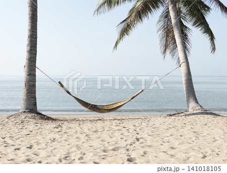 A bamboo hammock hangs under a coconut tree on the beach by the sea. 141018105