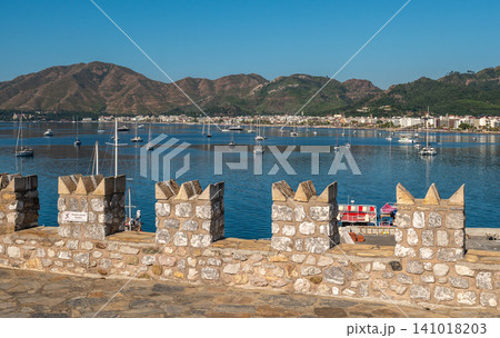Medieval stone battlements overlooking sea bay in Marmaris Turkey 141018203