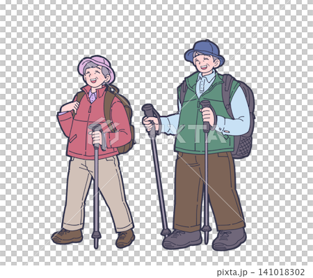 アウトドアを楽しむ笑顔のシニア夫婦のイラスト アウトドアを楽しむ笑顔のシニア夫婦のイラスト 141018302
