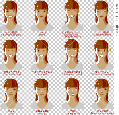 Female facial expression icon set (joy, anger, sadness, and happiness - 12 types in total) / Brown & simple design Female facial expression icon set (joy, anger, sadness, and happiness - 12 types in total) / Brown & simple design 141018326