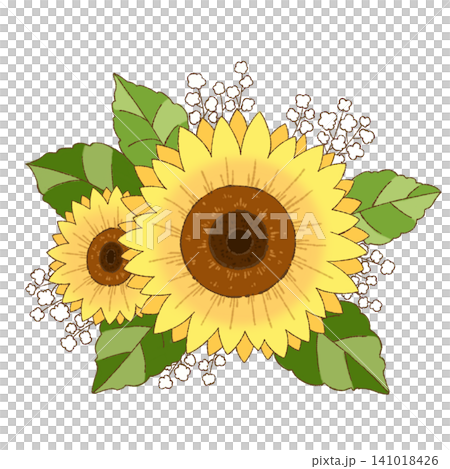 A small illustration of a sunflower flower and leaves (facing right). A small illustration of a sunflower flower and leaves (facing right). 141018426