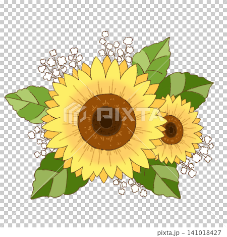 A small illustration of a sunflower flower and leaves (facing left) A small illustration of a sunflower flower and leaves (facing left) 141018427