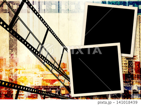 Grunge background with two photo, old paper texture and retro filmstrip frame. Horizontal retro banner with photo frame and film reel. Vintage backdrop with photos and filmstrip. Copy space for text 141018439