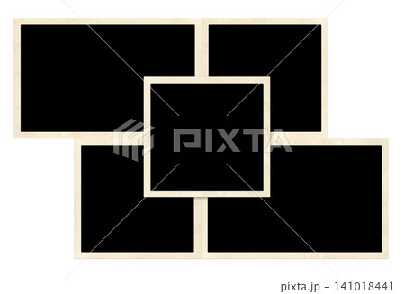 Template collage with fiver retro frame photos. Moodboard pictures album grid for scrapbooking. Vintage style mood board layout. Isolated on white background. Copy space for your text and photo 141018441