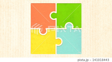 Part of puzzle from recycled paper, connected together. Development of strategy approach to zero waste. Renewable resource, eco-friendly concept. Reuse, eco-friendly design, and impact of team success 141018443
