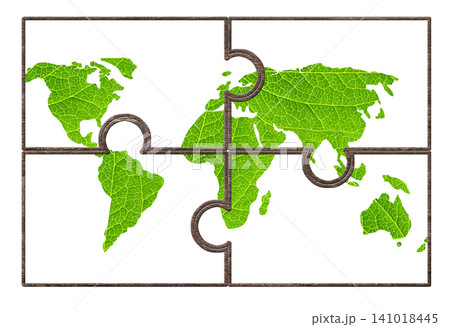 Earth day. World map silhouette made of green leaves in puzzle-shaped frame. Ecological resource, Eco-friendly, go green, Green Energy, environment, Ecology, zero waste concept. Isolated on white Earth day. World map silhouette made of green leaves in puzzle-shaped frame. Ecological resource, Eco-friendly, go green, Green Energy, environment, Ecology, zero waste concept. Isolated on white 141018445