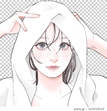 A woman drying her hair with a bath towel. A woman drying her hair with a bath towel. 141018520