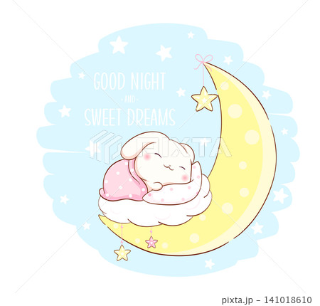 Cute baby bunny sleep on moon. Inscription Good night and sweet dreams. Vector Cartoon little rabbit on crescent. Can be used for for childish t-shirt prints, nursery poster, baby shower greeting card 141018610