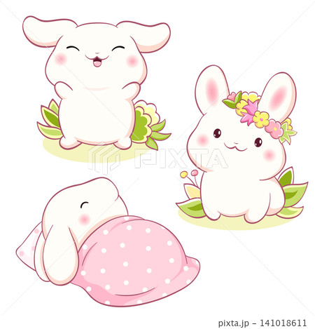 Set of little bunny in kawaii style. Tiny baby rabbit in multiple poses. Cute rabbit expression sheet collection. Can be used for t-shirt print, sticker, badge, greeting card. Vector illustration EPS8 Set of little bunny in kawaii style. Tiny baby rabbit in multiple poses. Cute rabbit expression sheet collection. Can be used for t-shirt print, sticker, badge, greeting card. Vector illustration EPS8 141018611