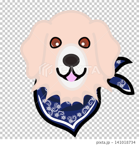 An illustration of a golden retriever's face wearing a bandana. 141018734