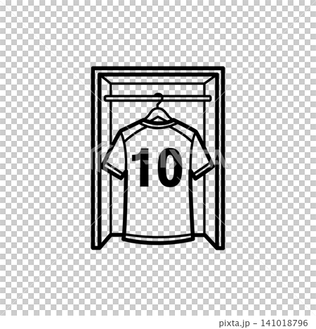 Minimal outline icon of a sports team uniform jersey shirt hanging inside a stadium dressing locker room wardrobe. 141018796