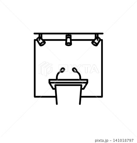 Minimal outline icon of a sports media press conference room setup featuring a podium tribune with microphones and backdrop screen. 141018797