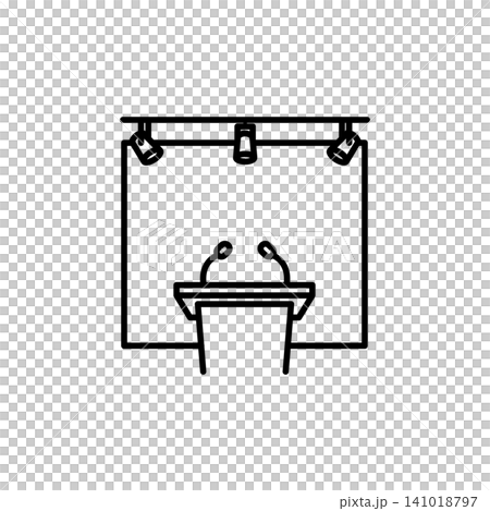 Minimal outline icon of a sports media press conference room setup featuring a podium tribune with microphones and backdrop screen. Minimal outline icon of a sports media press conference room setup featuring a podium tribune with microphones and backdrop screen. 141018797