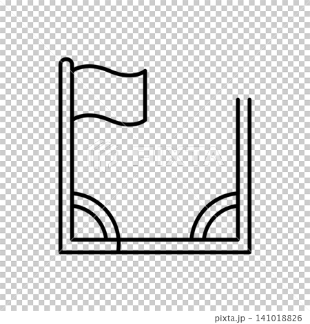 Minimal outline icon representing a football stadium field pitch corner kick area with a flag setup. Minimal outline icon representing a football stadium field pitch corner kick area with a flag setup. 141018826