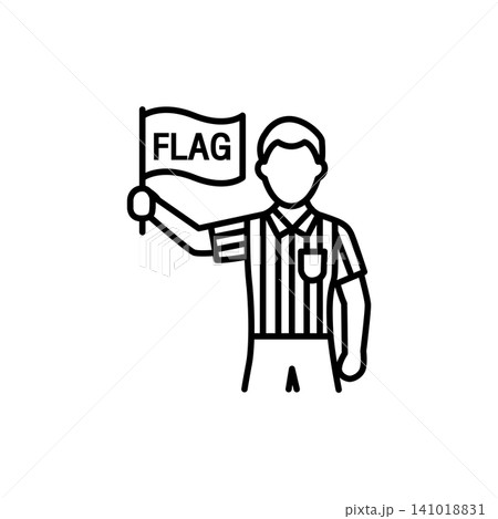 Minimal outline icon of a football assistant referee linesman holding and raising an offside flag during a soccer match. Minimal outline icon of a football assistant referee linesman holding and raising an offside flag during a soccer match. 141018831
