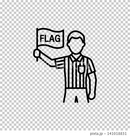 Minimal outline icon of a football assistant referee linesman holding and raising an offside flag during a soccer match. Minimal outline icon of a football assistant referee linesman holding and raising an offside flag during a soccer match. 141018831