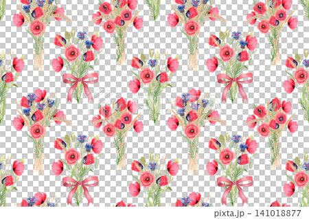 Poppy bouquets, red bows seamless watercolor floral pattern on white background. Hand painted romantic composition, perfect for feminine packaging, textile design, gift wrapping, wedding stationery Poppy bouquets, red bows seamless watercolor floral pattern on white background. Hand painted romantic composition, perfect for feminine packaging, textile design, gift wrapping, wedding stationery 141018877