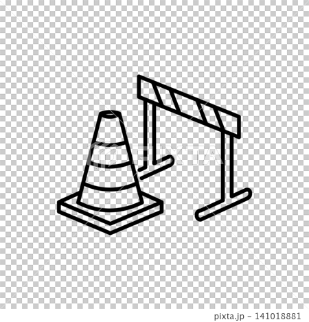 Minimal outline icon of a sports training cone and agility hurdle barrier for soccer player fitness practice. 141018881