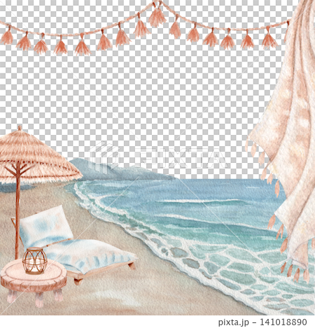 Watercolor beach frame sea waves, sandy shore, sun lounger, straw umbrella, table, lantern, boho tassel garland. Summer coastal border, copy space perfect for invitations, branding, travel designs Watercolor beach frame sea waves, sandy shore, sun lounger, straw umbrella, table, lantern, boho tassel garland. Summer coastal border, copy space perfect for invitations, branding, travel designs 141018890